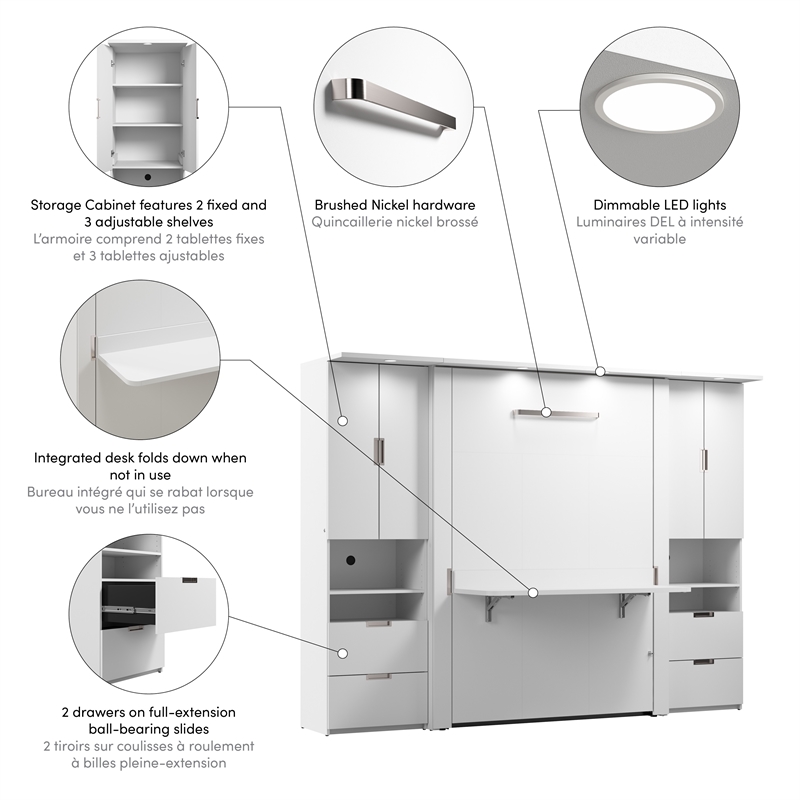 Pemberly Row Full Murphy Bed Set With Desk and 2 Storage Cabinets in White