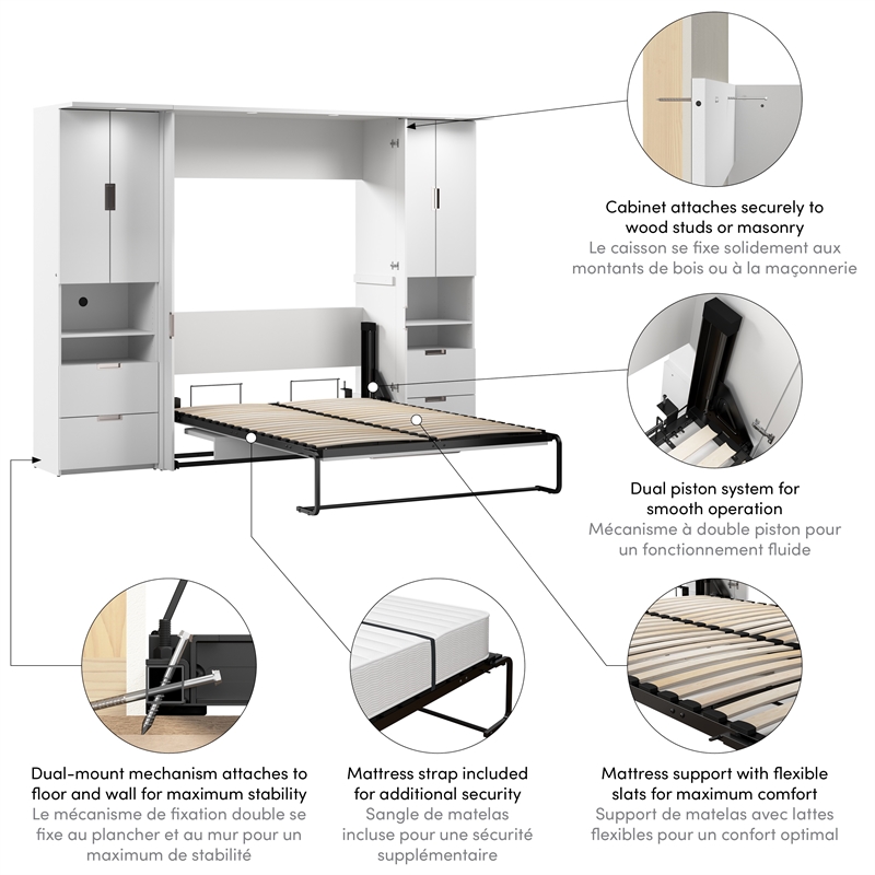 Pemberly Row Full Murphy Bed Set With Desk and 2 Storage Cabinets in White