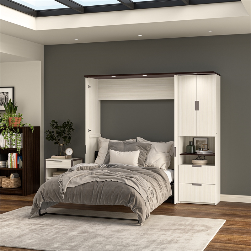 Pemberly Row 84W Full Murphy Bed Set With Storage Cabinet in White Chocolate