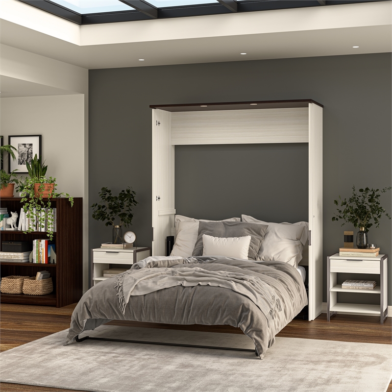Pemberly Row 68W Queen Murphy Bed With LED Lights in White Chocolate