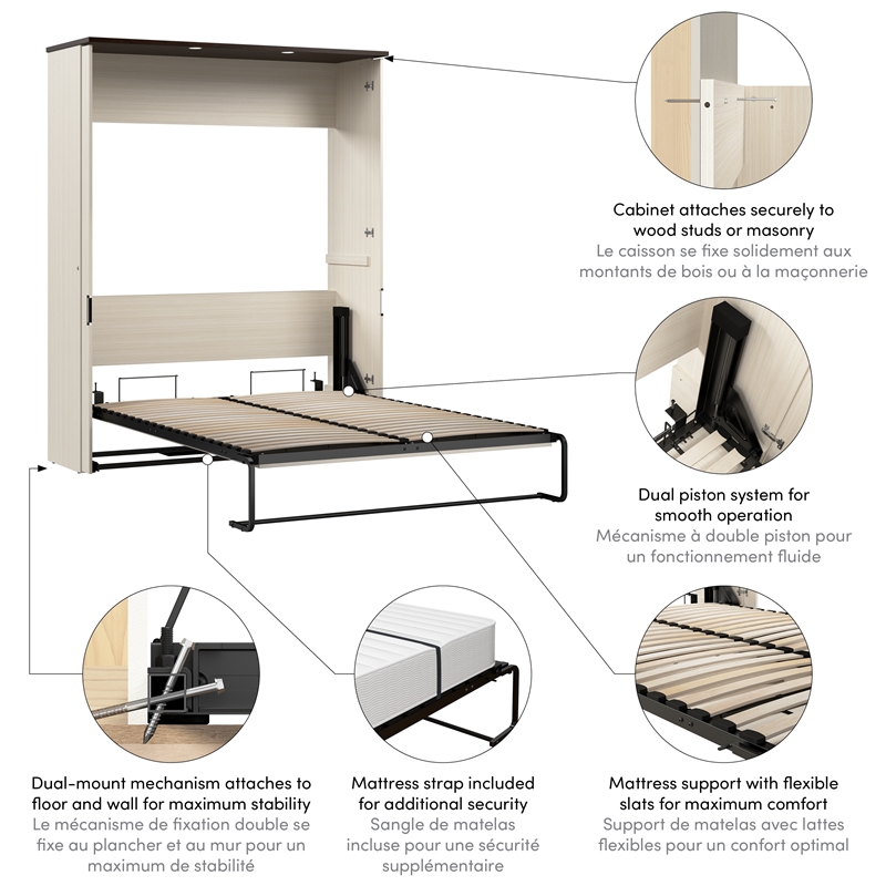 Pemberly Row 68W Queen Murphy Bed With LED Lights in White Chocolate