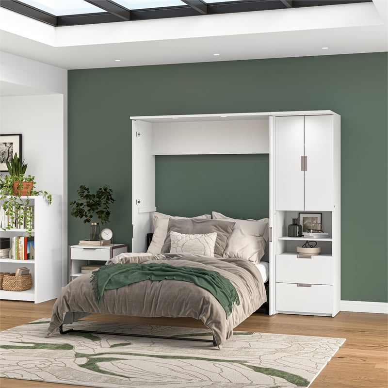 Pemberly Row 84W Full Murphy Bed Set With Desk and Storage in White