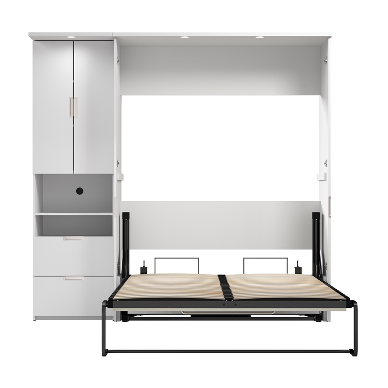 Pemberly Row 84W Full Murphy Bed Set With Desk and Storage in White