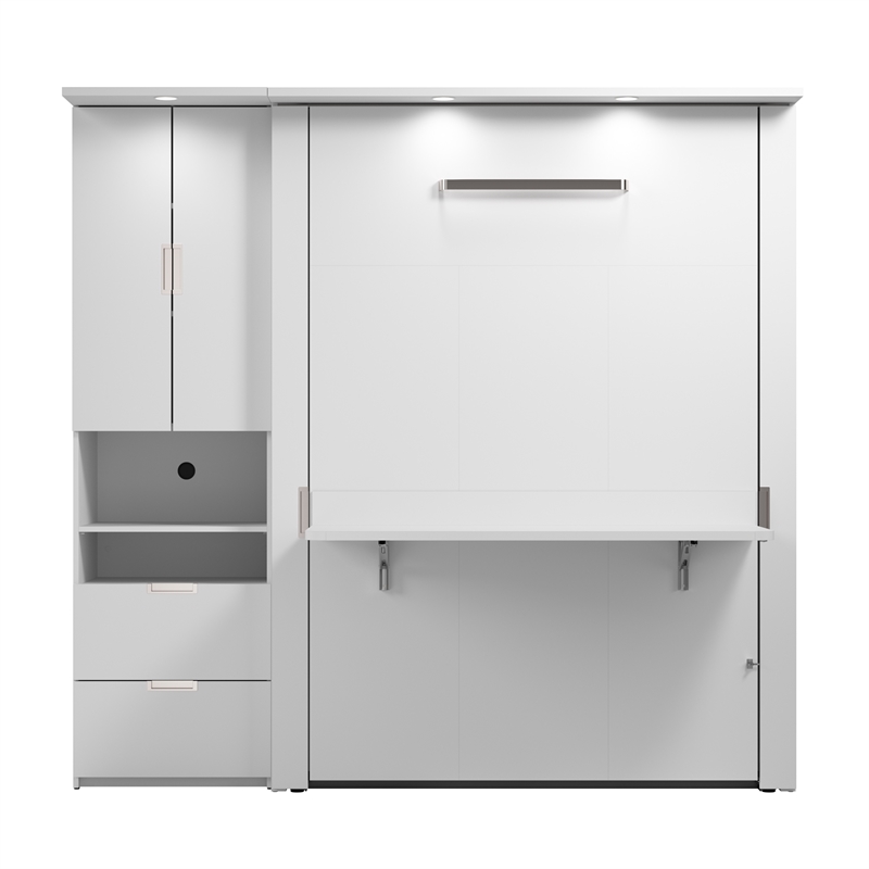 Pemberly Row 84W Full Murphy Bed Set With Desk and Storage in White