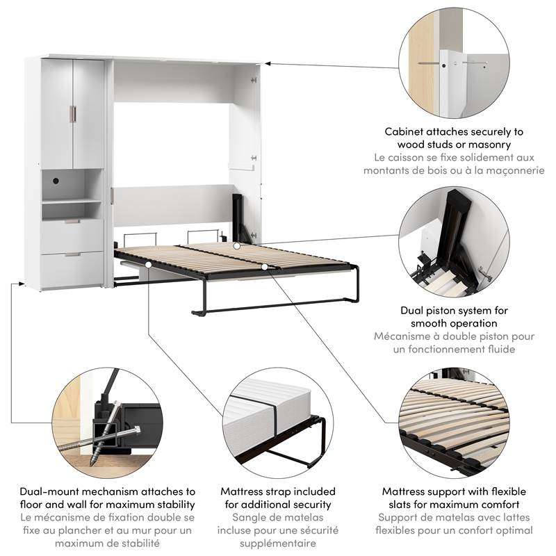 Pemberly Row 84W Full Murphy Bed Set With Desk and Storage in White
