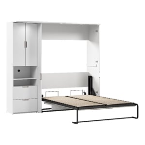 Pemberly Row 84W Full Murphy Bed Set With Desk and Storage in White