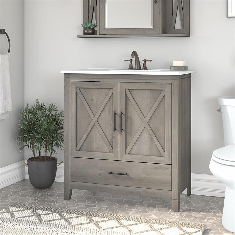 Pemberly Row 32W Wall Mounted Bathroom Vanity Cabinet in Driftwood Gray