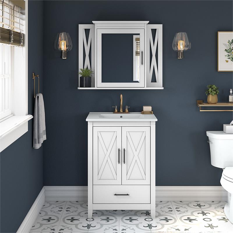 Pemberly Row 24W Bathroom Vanity Sink With Medicine Cabinet & Mirror - White Ash