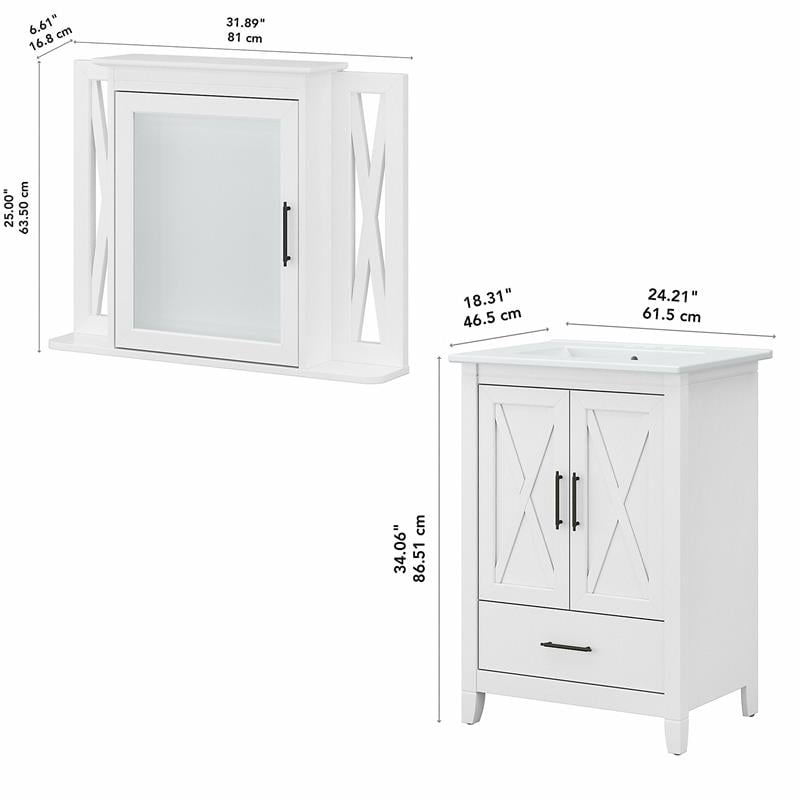 Pemberly Row 24W Bathroom Vanity Sink With Medicine Cabinet & Mirror - White Ash