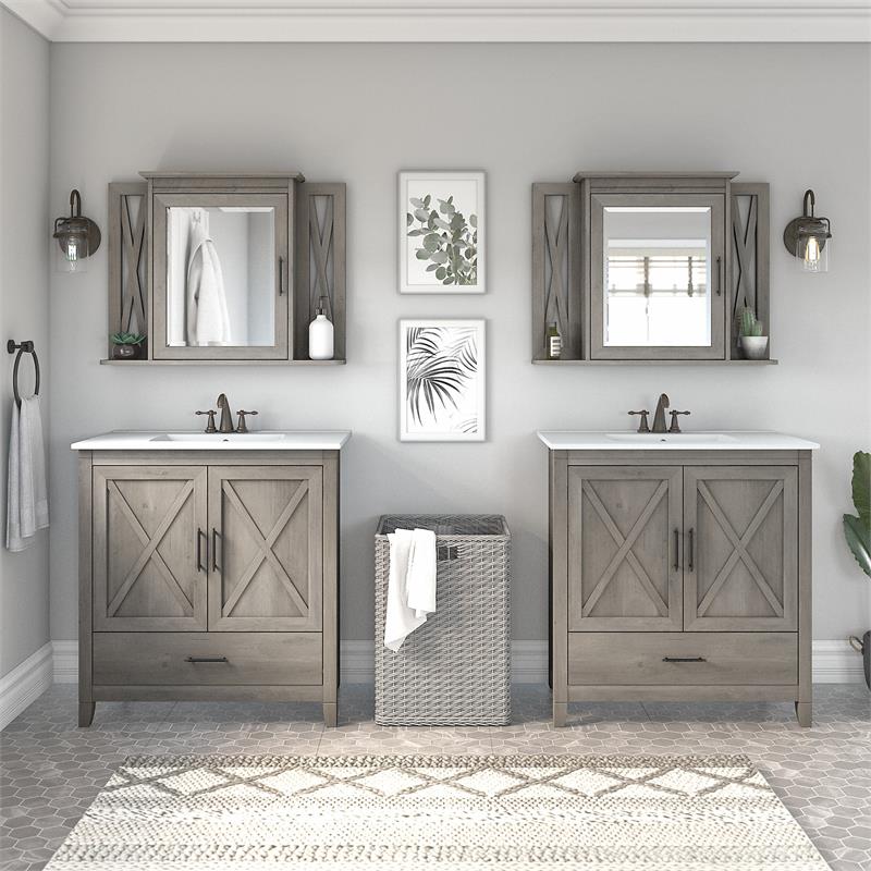 Pemberly Row 64W Double Vanity Set With Sinks and Cabinets in Driftwood Gray
