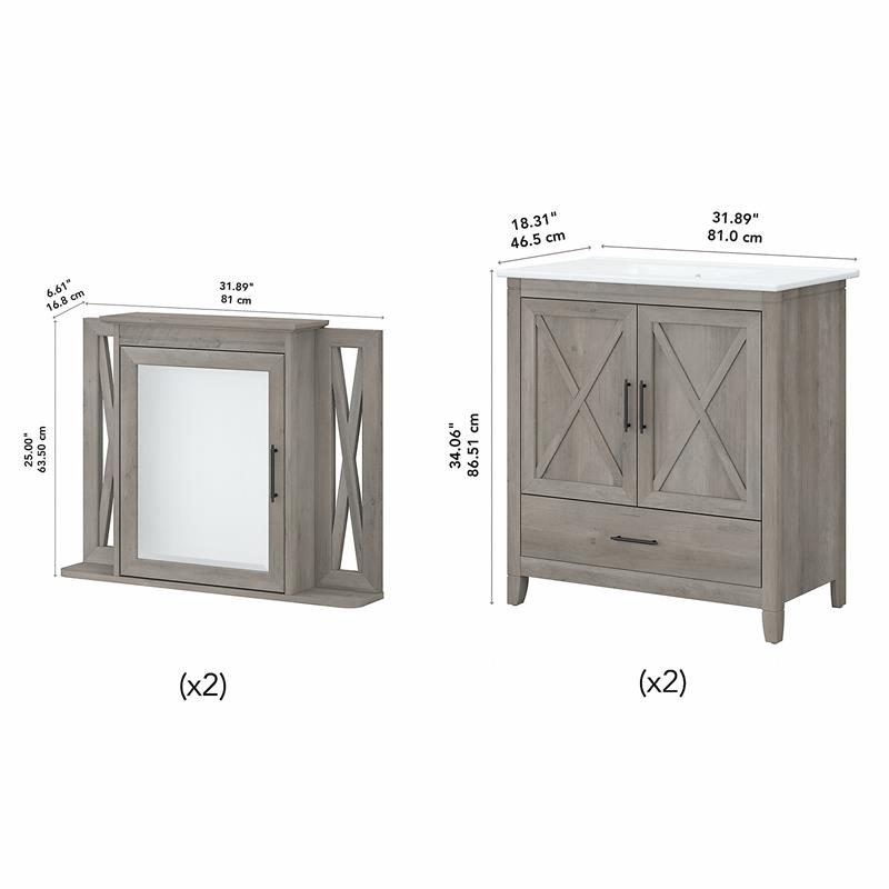 Pemberly Row 64W Double Vanity Set With Sinks and Cabinets in Driftwood Gray