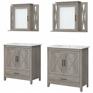 Pemberly Row 64W Double Vanity Set With Sinks and Cabinets in Driftwood Gray