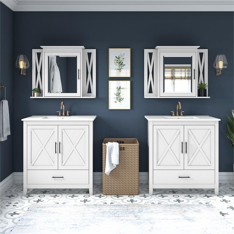 Pemberly Row 64W Double Vanity Set With Sinks and Medicine Cabinets in White Ash