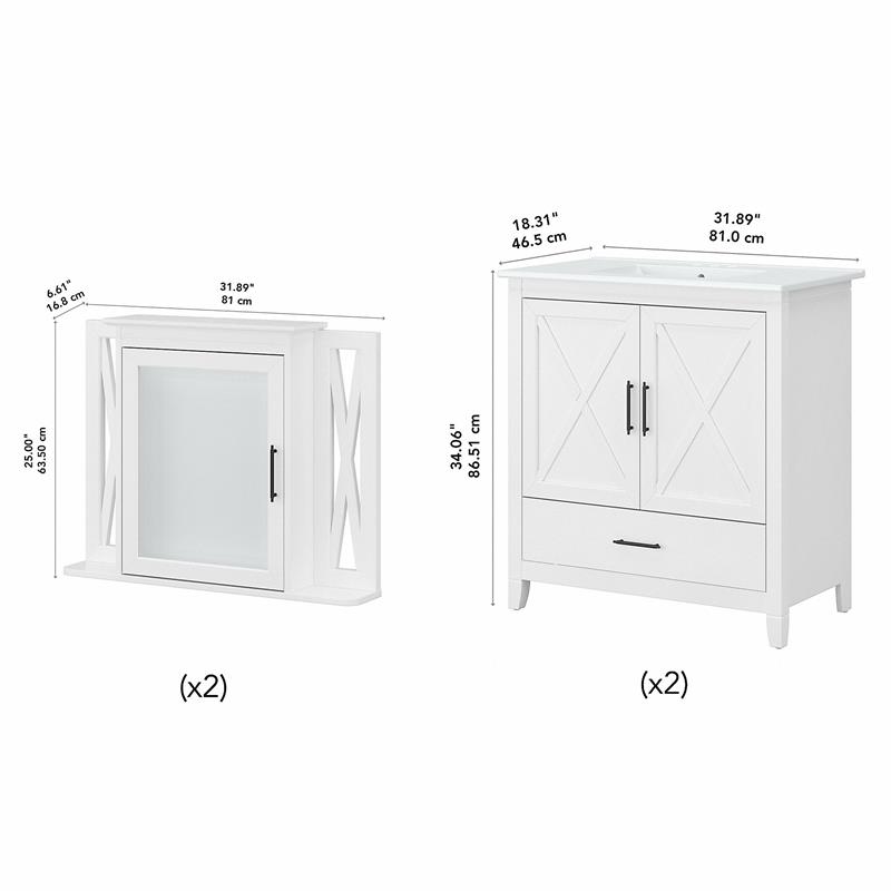 Pemberly Row 64W Double Vanity Set With Sinks and Medicine Cabinets in White Ash