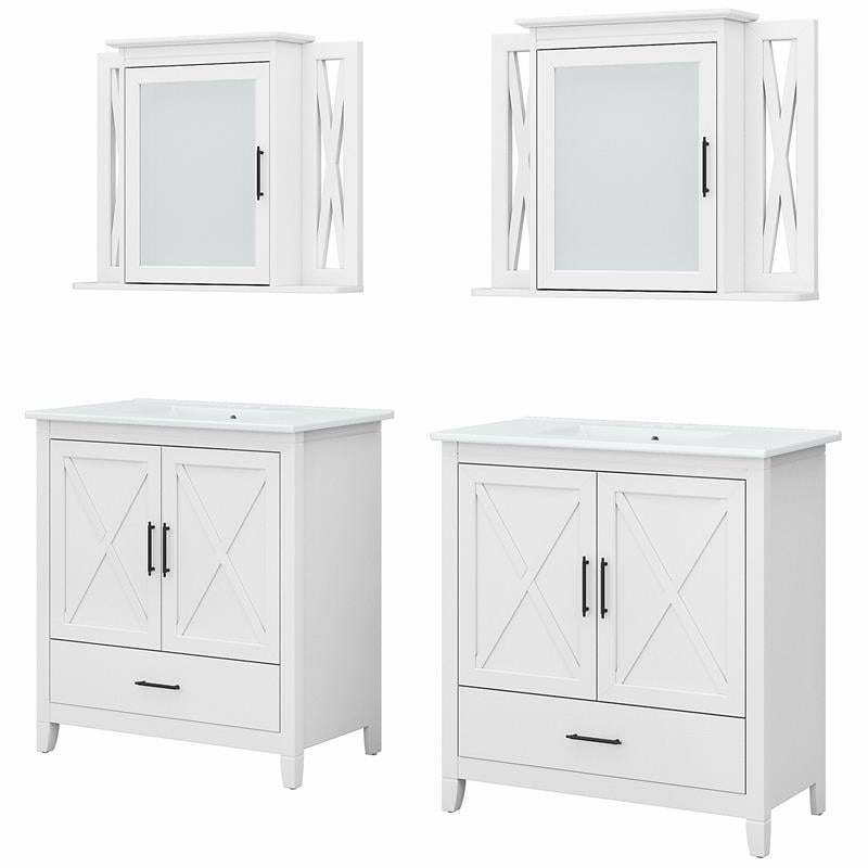 Pemberly Row 64W Double Vanity Set With Sinks and Medicine Cabinets in White Ash
