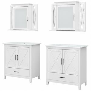 Pemberly Row 64W Double Vanity Set With Sinks and Medicine Cabinets in White Ash
