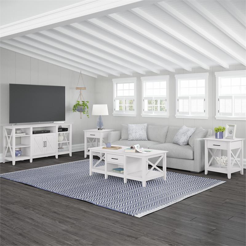 Pemberly Row Tall TV Stand With Coffee Table and 2 End Tables in Pure White Oak