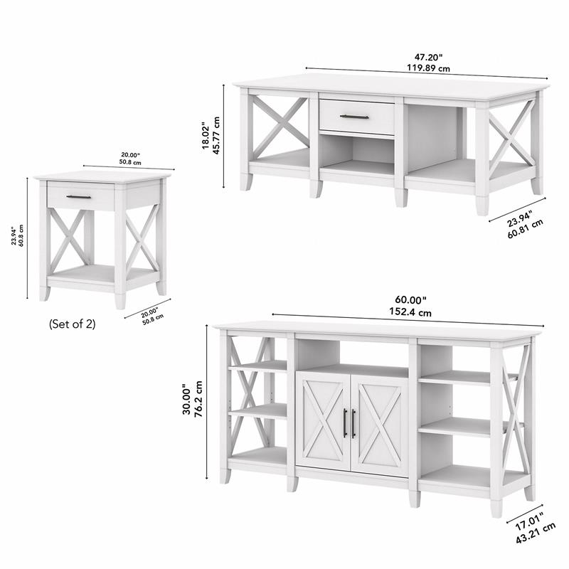 Pemberly Row Tall TV Stand With Coffee Table and 2 End Tables in Pure White Oak