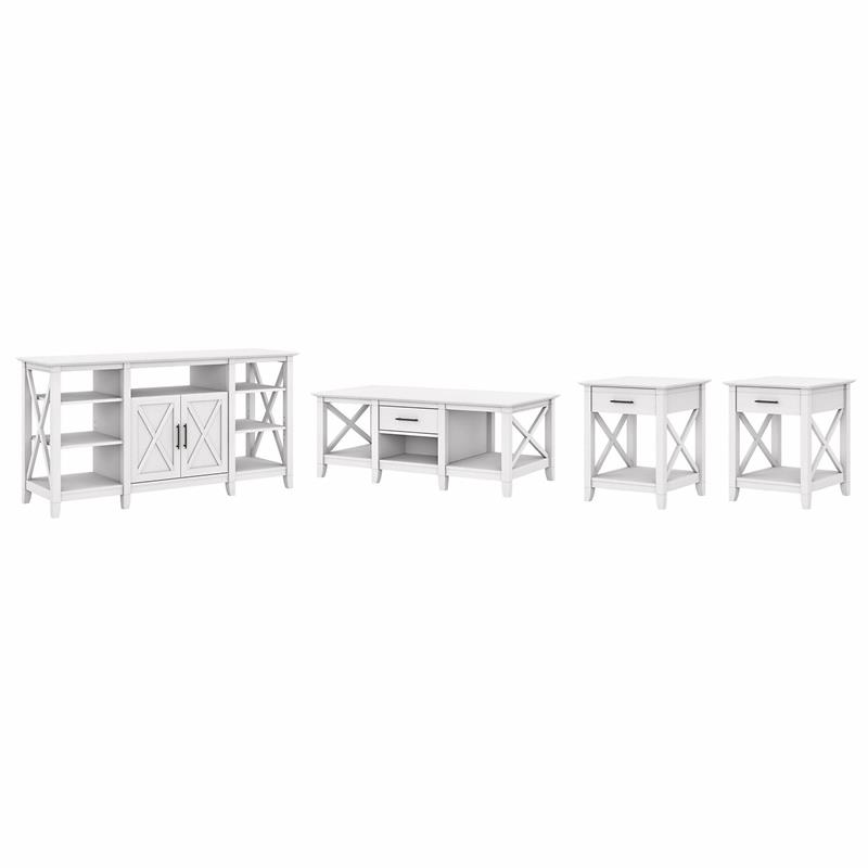 Pemberly Row Tall TV Stand With Coffee Table and 2 End Tables in Pure White Oak