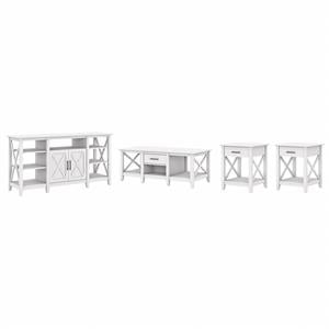 Pemberly Row Tall TV Stand With Coffee Table and 2 End Tables in Pure White Oak