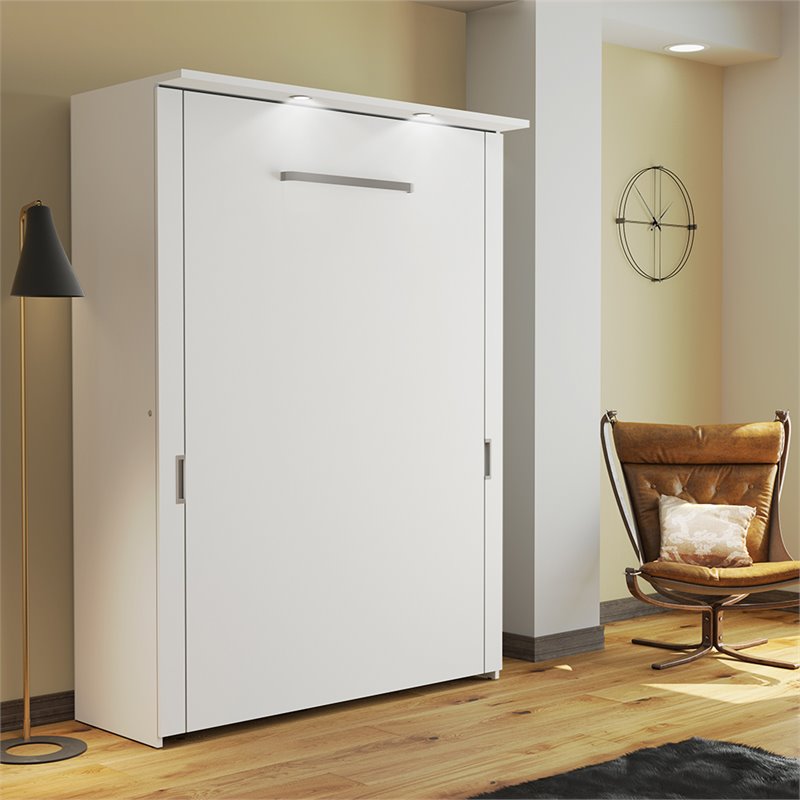 Pemberly Row 61W Full Murphy Bed With LED Lights and Dual Pistons in White