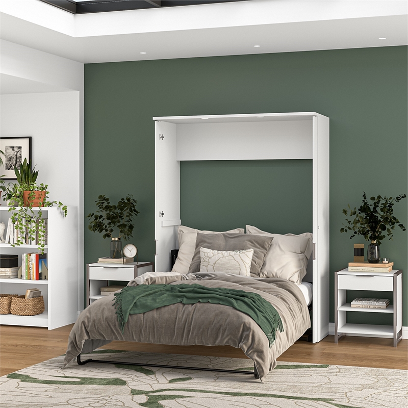 Pemberly Row 61W Full Murphy Bed With LED Lights and Dual Pistons in White