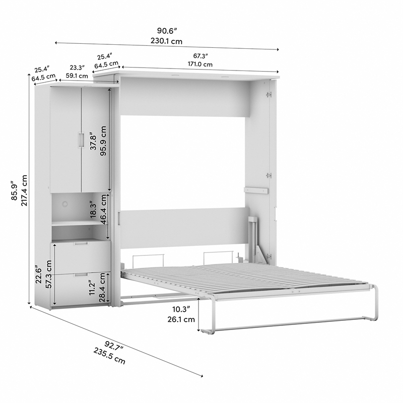 Pemberly Row 91W Queen Murphy Bed With Storage Cabinet in White