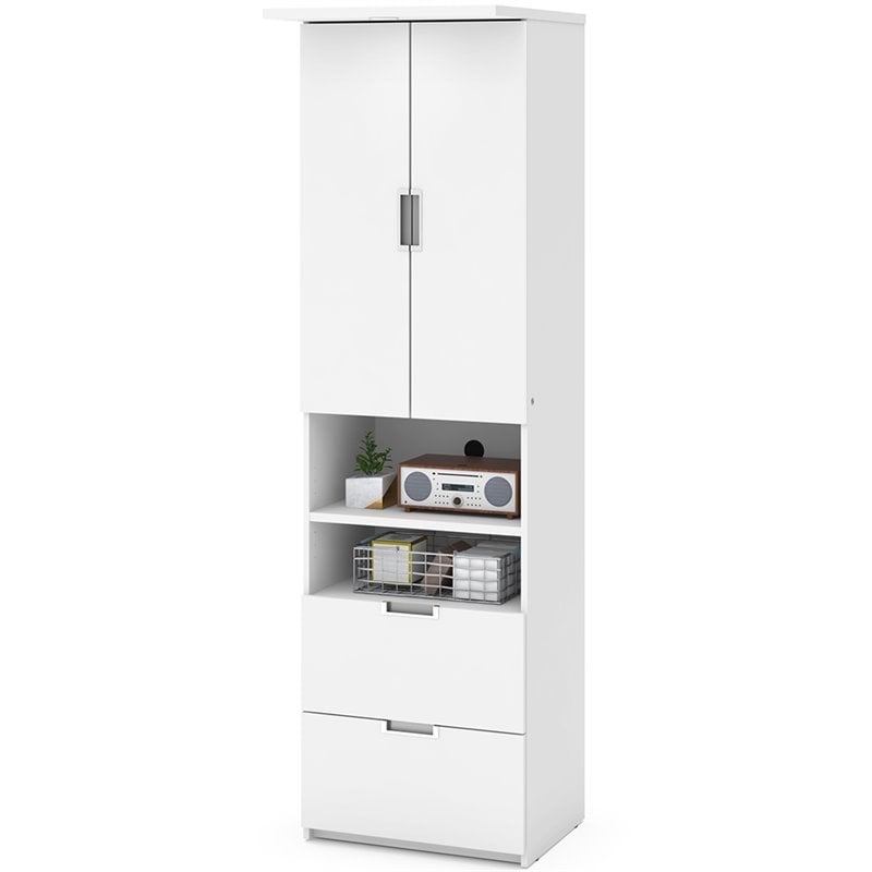 Pemberly Row 91W Queen Murphy Bed With Storage Cabinet in White