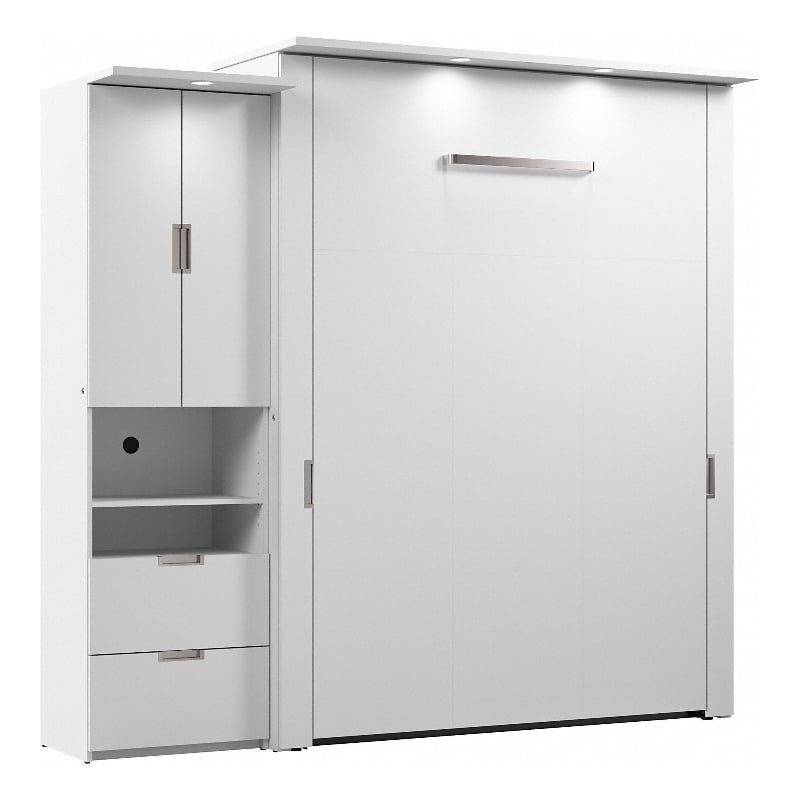Pemberly Row 91W Queen Murphy Bed With Storage Cabinet in White