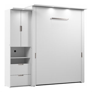 Pemberly Row 91W Queen Murphy Bed With Storage Cabinet in White