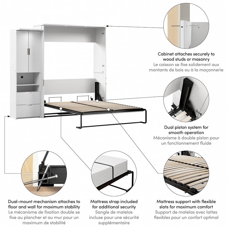 Pemberly Row 91W Queen Murphy Bed With Storage Cabinet in White