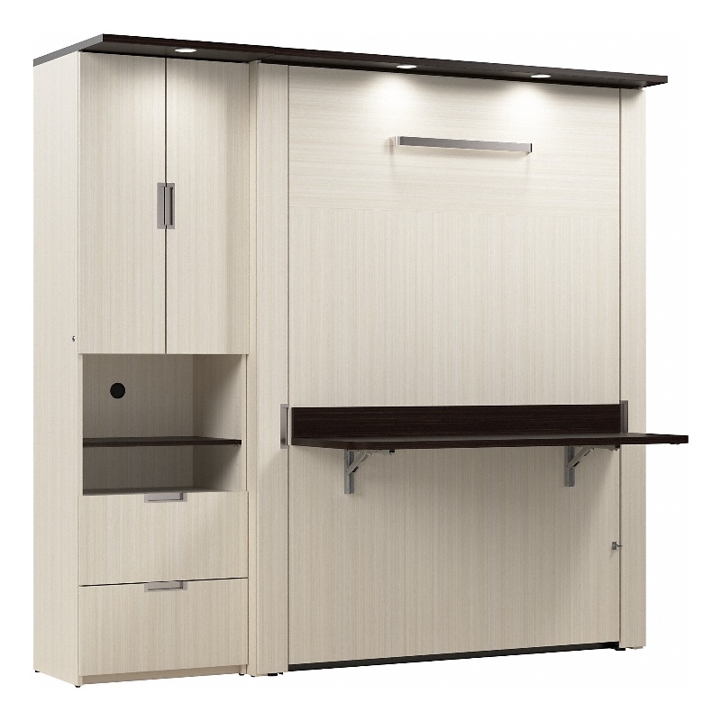 Pemberly Row 84W Full Murphy Bed With Desk and Storage in White Chocolate