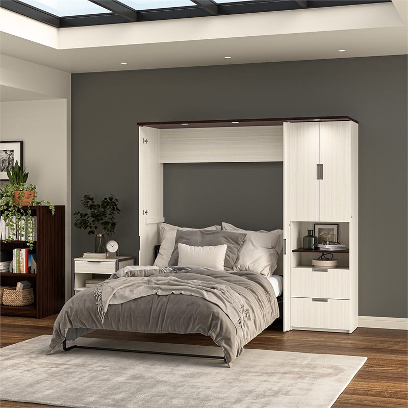 Pemberly Row 84W Full Murphy Bed With Desk and Storage in White Chocolate