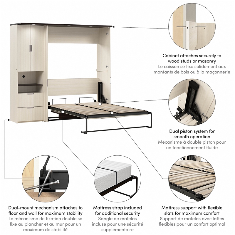 Pemberly Row 84W Full Murphy Bed With Desk and Storage in White Chocolate