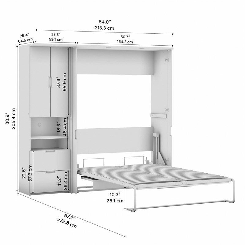 Pemberly Row 84W Full Murphy Bed With Desk and Storage in White Chocolate