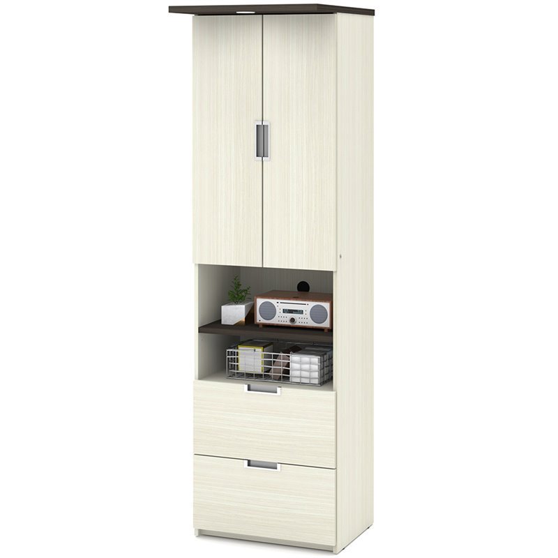 Pemberly Row 84W Full Murphy Bed With Desk and Storage in White Chocolate