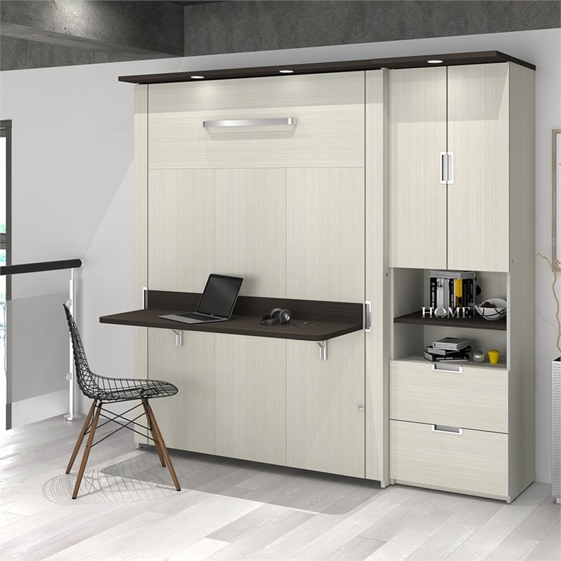 Pemberly Row 84W Full Murphy Bed With Desk and Storage in White Chocolate