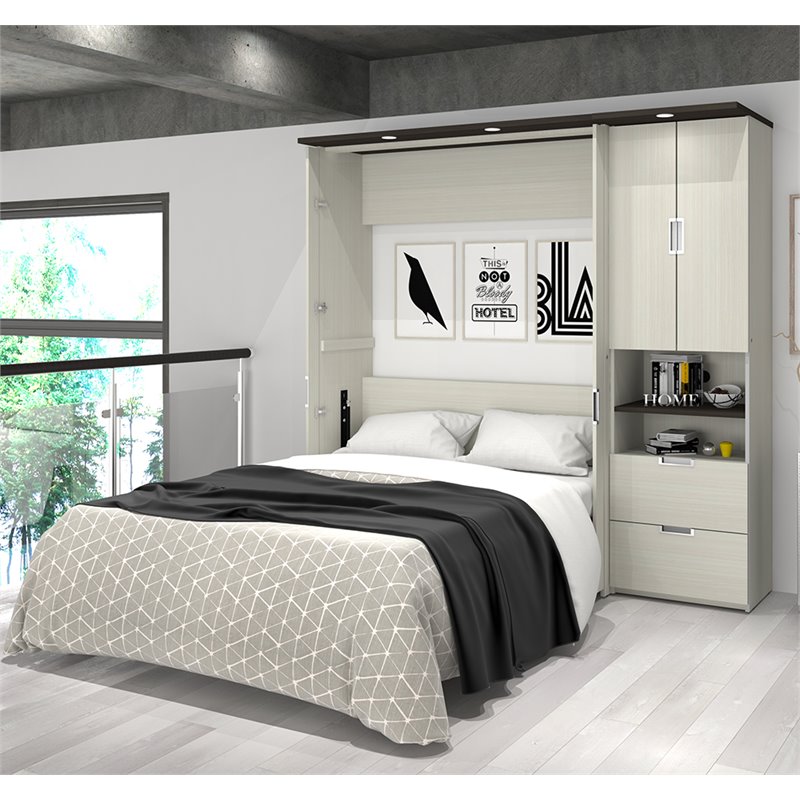 Pemberly Row 84W Full Murphy Bed With Desk and Storage in White Chocolate