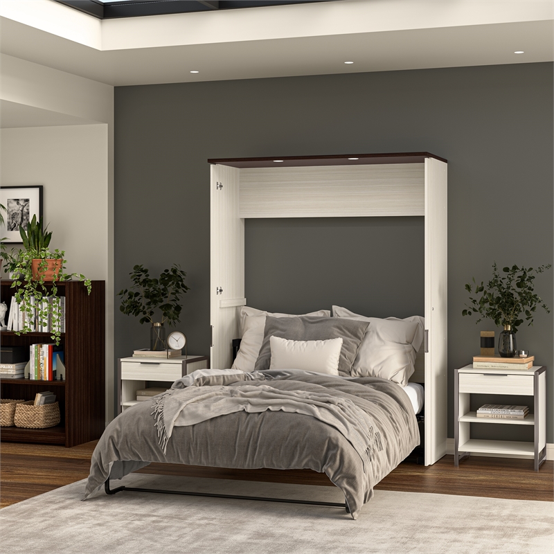 Pemberly Row 61W Full Murphy Bed With LED Lights in White Chocolate