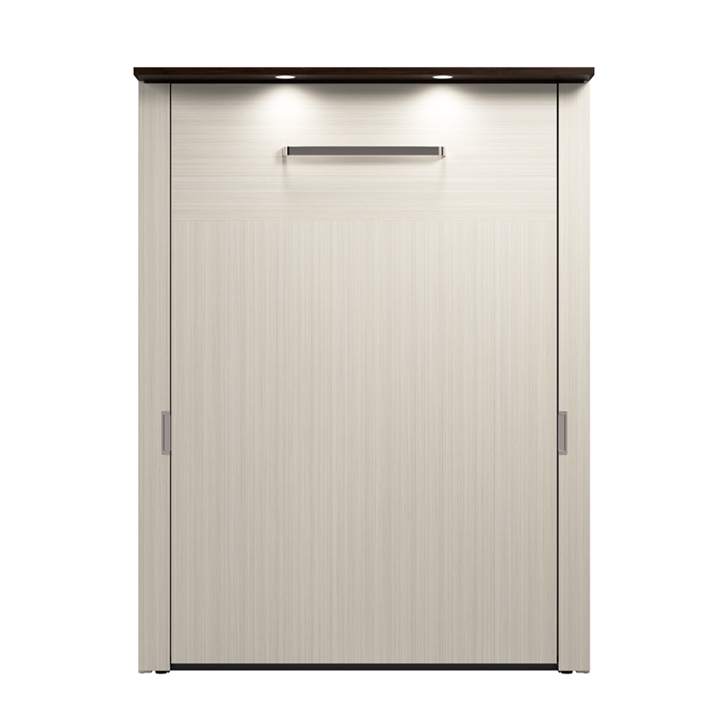Pemberly Row 61W Full Murphy Bed With LED Lights in White Chocolate