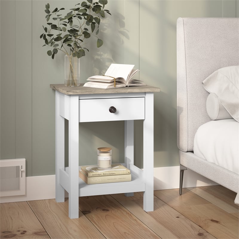Pemberly Row Farmhouse Nightstand With Drawer and Fixed Shelf