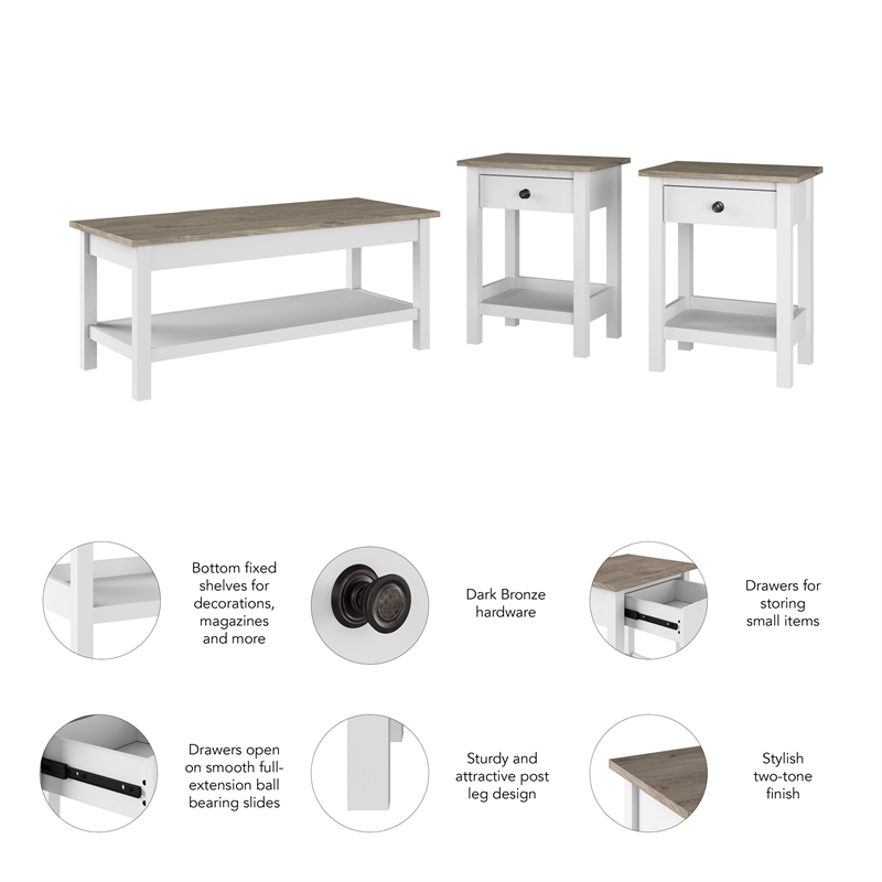 Pemberly Row Farmhouse Coffee Table With Set of 2 End Tables and Drawers