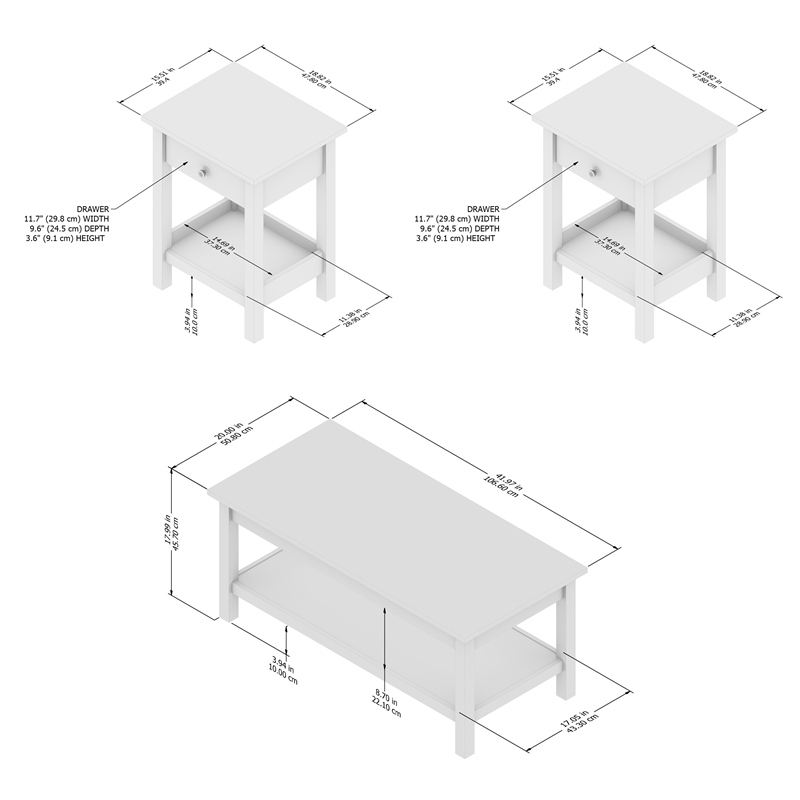 Pemberly Row Farmhouse Coffee Table With Set of 2 End Tables and Drawers