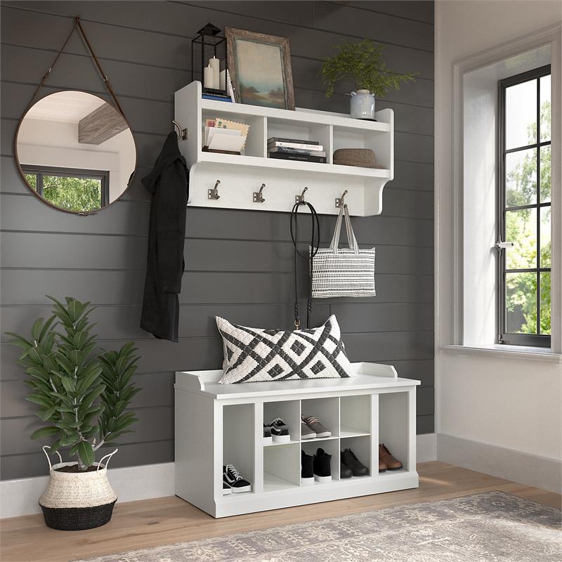 Pemberly Row 40W Shoe Bench With Shelves and Wall Mounted Coat Rack in White Ash