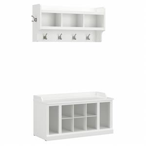Pemberly Row 40W Shoe Bench With Shelves and Wall Mounted Coat Rack in White Ash