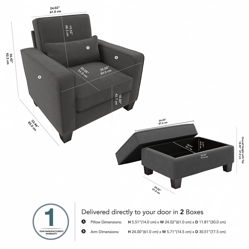 Pemberly Row Accent Chair With Storage Ottoman & Lumbar Pillow in Charcoal Gray