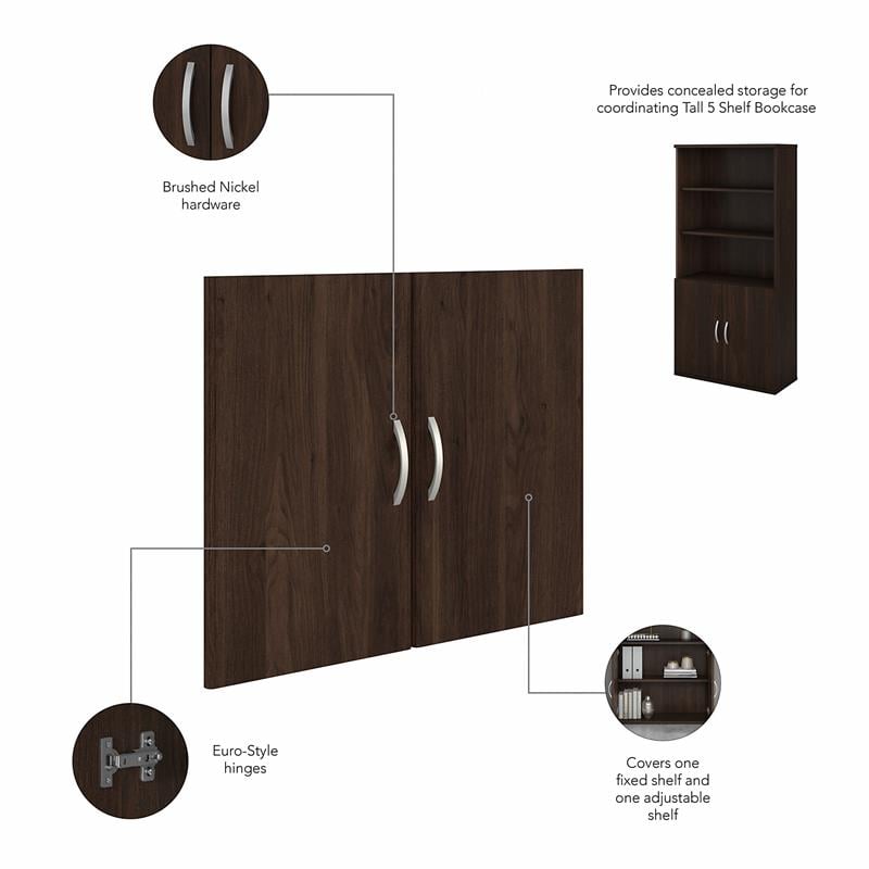 Pemberly Row Tall Black Walnut 5 Shelf Bookcase With Doors & Adjustable Shelves