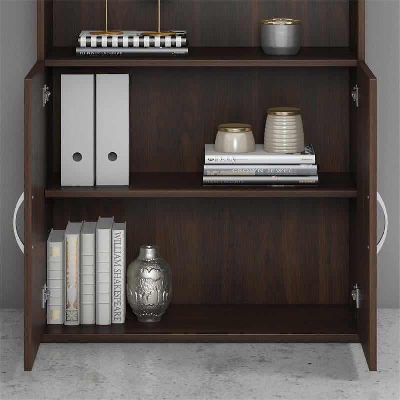 Pemberly Row Tall Black Walnut 5 Shelf Bookcase With Doors & Adjustable Shelves