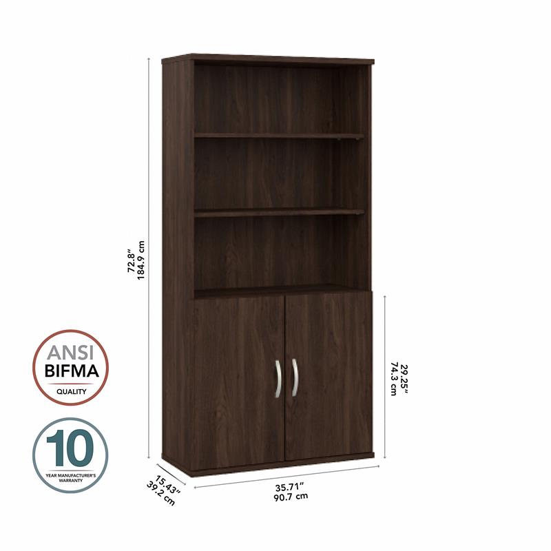 Pemberly Row Tall Black Walnut 5 Shelf Bookcase With Doors & Adjustable Shelves