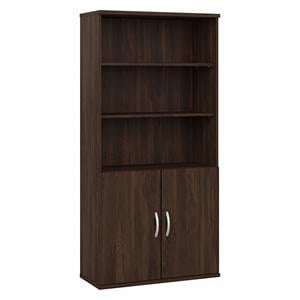 Pemberly Row Tall Black Walnut 5 Shelf Bookcase With Doors & Adjustable Shelves